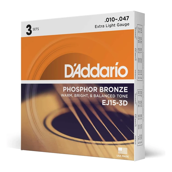 D'Addario Cordes Guitare Acoustique EJ153D Bronze Phosphoreux - Son Chaud et Brillant