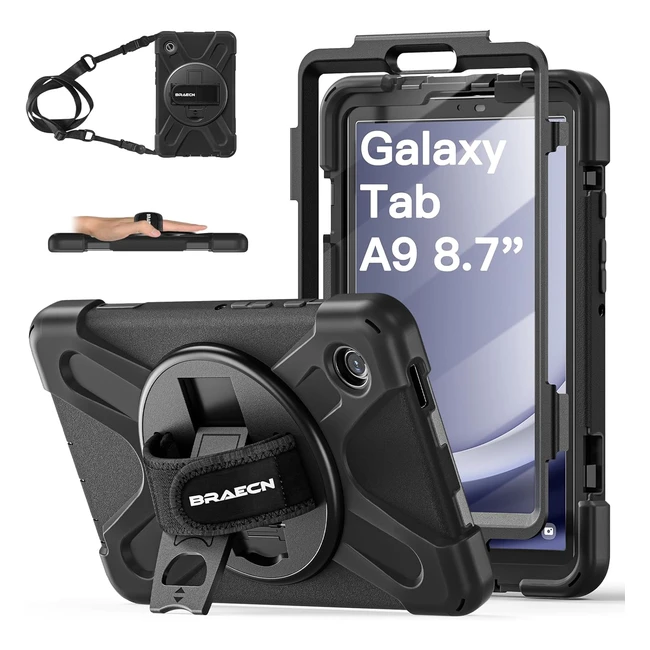 Braecn Samsung Galaxy Tab A9 Case SMX110/115/117 Heavy Duty Shockproof Cover with Screen Protector 360 Rotating Kickstand Hand Strap Shoulder Strap Black