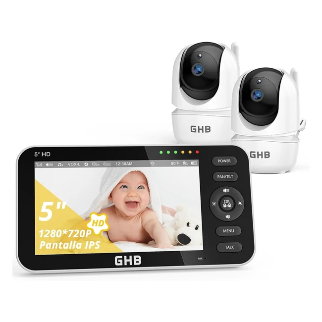GHB Baby Monitor Video e Audio 54000mAh 350110 - Schermo 5 pollici HD, Batteria 4000mAh, Visione Notturna, Monitoraggio Temperatura