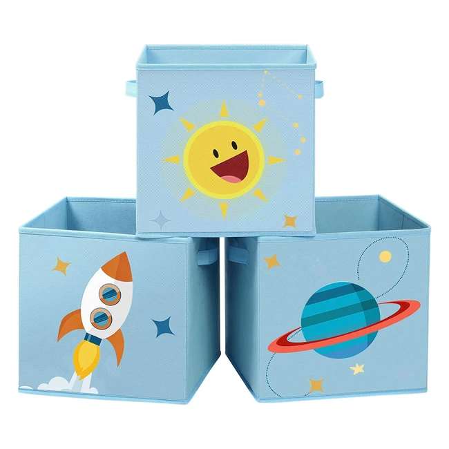 SONGMICS Aufbewahrungsbox 3er Set Spielzeugorganizer 30x30x30cm Faltbox Stoffbox mit Griffen für Kinderzimmer Spielzimmer mit Weltallmotiven blau RFB001B03
