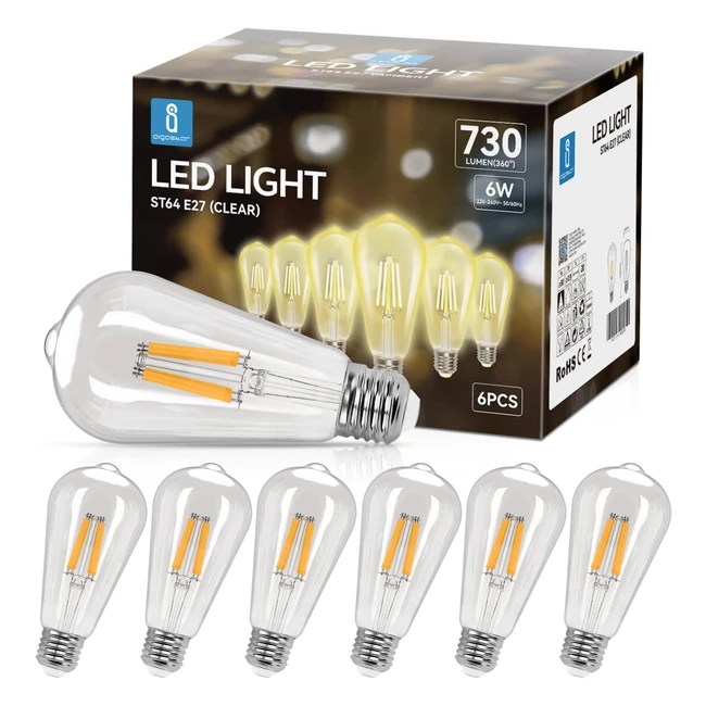 Aigostar Ampoule LED Filament E27 Blanc Chaud 2700K 730lm 6W Réf. 55W Edison ST64 Lot de 6