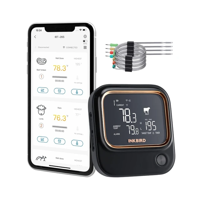 Termometro Cucina Wifi 5G e Bluetooth Inkbird IBT26S - Controllo App Allarme Temperatura e Timer - 4 Sonde - Termometro Carne Griglia Forno BBQ