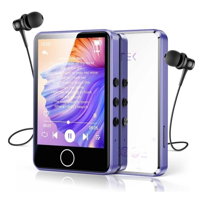 AGPTEK Lecteur MP3 Tactile Bluetooth 64Go - Nouveau Design Miroir - Musique Hifi - Haut-Parleur - Radio FM - Enregistreur - Baladeur Sport - Métal - Couteurs Inclus - Violet