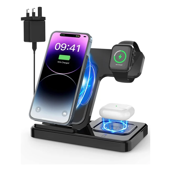 3 in 1 Wireless Charger Dock for iPhone & Apple Watch Ultra - Foldable Station with QC3.0 Adapter