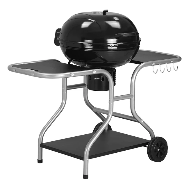 Outsunny Portable Charcoal Kettle Grill BBQ Trolley - Heat Smoker Grilling - Two Wheels - Black