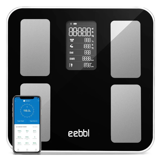 Bilancia Pesapersone Digitale Bluetooth Eebbl - Analisi del Corpo - BMI - Massa Muscolare - Nero