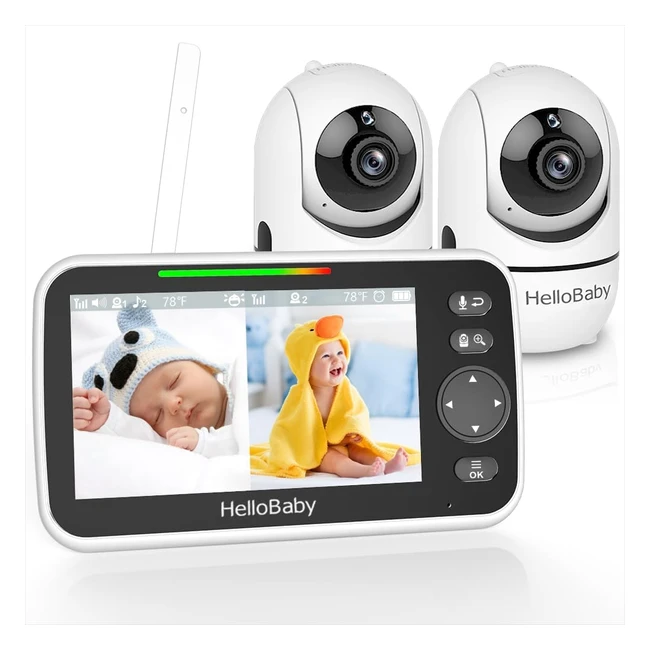 hellobaby Baby Monitor 2 Cameras Night Vision 5 Split Screen 26Hr Battery PTZ Video Monitors No WiFi 2-Way Audio 8 Lullabies 1000ft Range