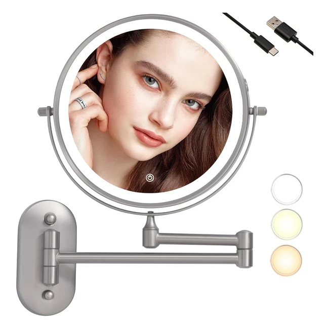 Espejo de Maquillaje LED Montado en Pared 8 Pulgadas Ajuste Giratorio 1x y 10x Brillo Inteligente 3 Colores de Luz