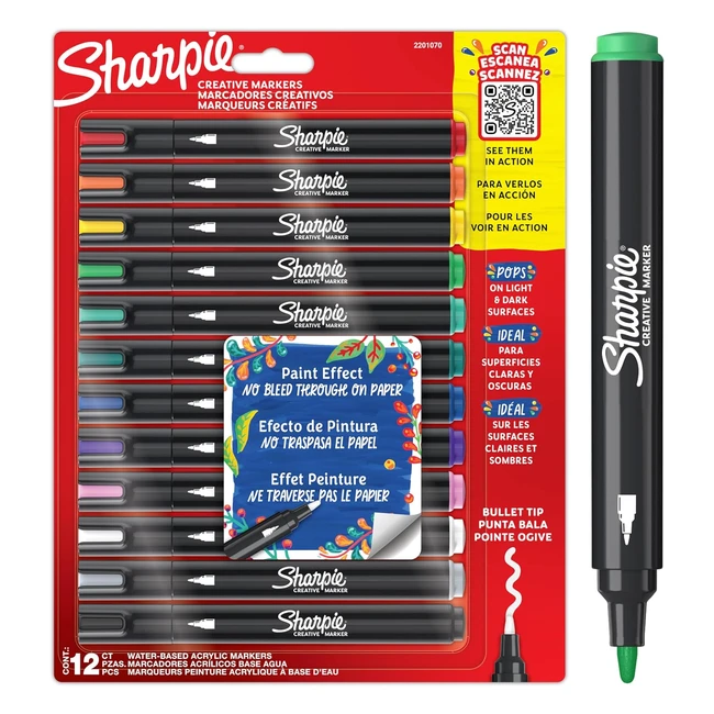 Sharpie Creative Marker Acrylic Paint Pens - Waterbased Paint Markers - Nobleed Ink - Bullet Tip - Assorted Colours - 12 Count