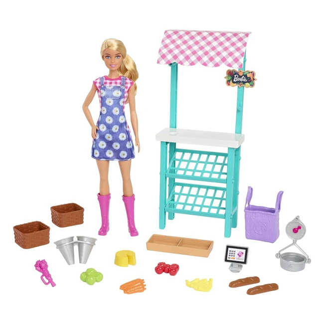 Barbie Playset Mercato Frutta e Verdura HCN22 - Bambola Bionda con Registratore di Cassa e Altri Accessori