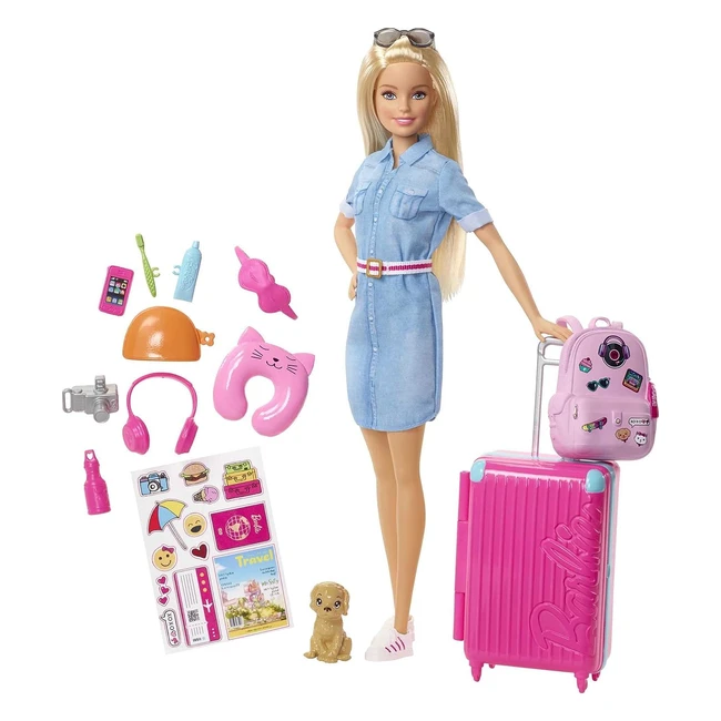Barbie Dream House Adventures Reisebarbie FWV25 - Blond, Rosa Koffer, Rucksack, Nackenkissen, Welpe