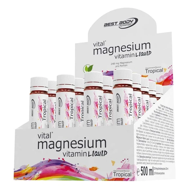 Best Body Nutrition Magnesium Vitamin Liquid Tropical 20 Ampullen 25 ml 500 ml - Fruchtiger Geschmack, 248 mg Magnesium pro Portion