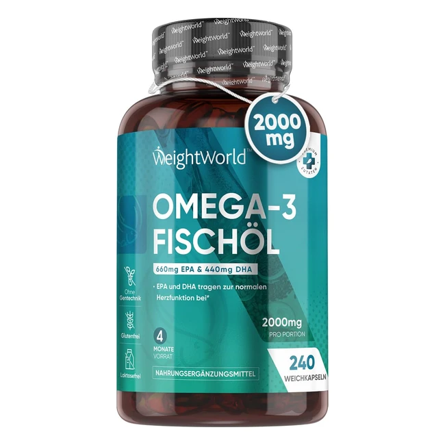Omega 3 Kapseln 2000 mg Fischöl pro Kapsel 240 Stück 1100 mg Omega 3 660 mg EPA 440 mg DHA Fettsäuren nachhaltig rein herzfunktion blutdruck weightworld