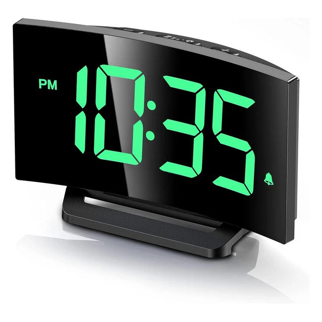 Goloza Digital Alarm Clock for Bedrooms - Modern Curved Design - Green LED - 6 Brightness Levels - 2 Volume - 3 Tones - Snooze - Poweroff Memory - 12/24h