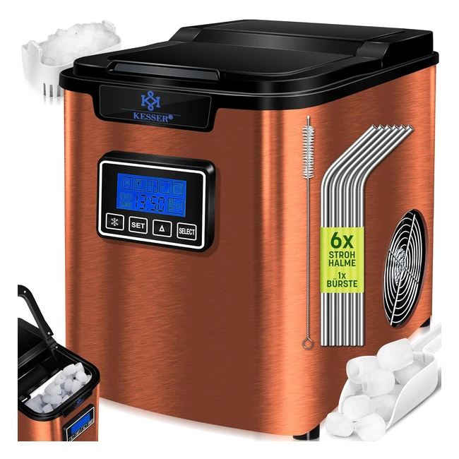 Kesser Eiswürfelmaschine Edelstahl 150 W 12 kg 24h 3 Würfelgrößen Zubereitung in 7 Min 22l Wassertank Timer LCD