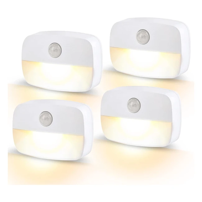 LED Motion Sensor Night Light 4 Pack by Ammtoo - Auto On/Off - Warm White Light