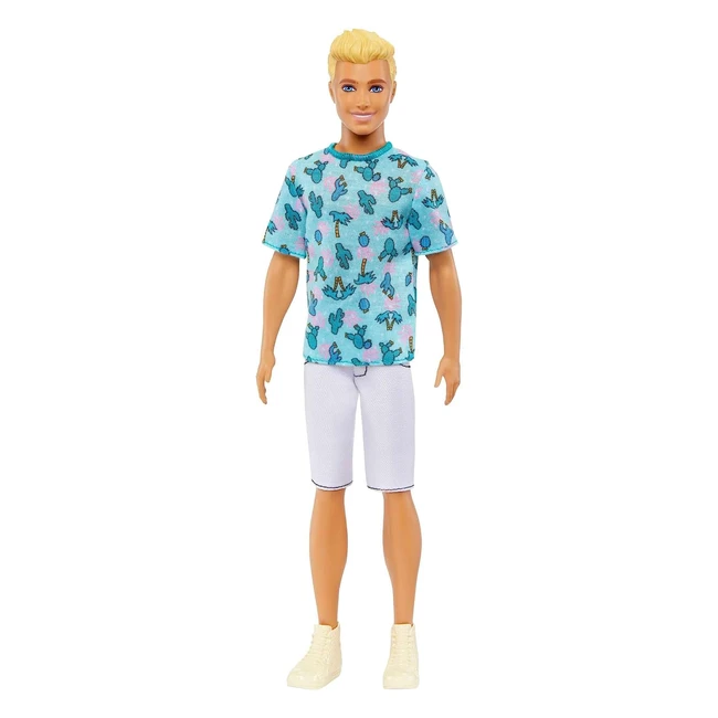 Barbie Ken Fashionistas Puppe T-Shirt mit Kaktus- und Palmenprint Weiße Shorts und hohe Turnschuhe Perfekt für Abenteuer mit Freunden und Stadtbummel für Kinder ab 3 Jahren