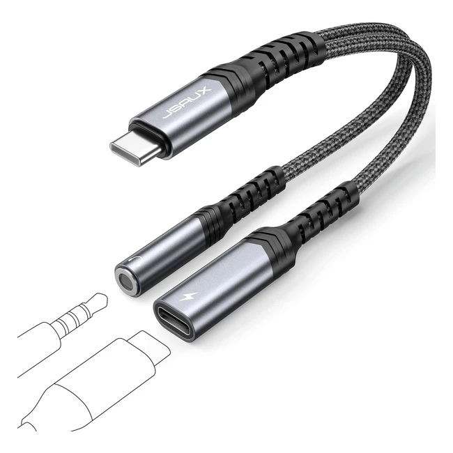 JSAUX USB C Kopfhörer Adapter und Ladekabel 2 in 1 Typ C zu 3,5 mm Klinkenstecker Aux Adapter unterstützt PD 60 W Schnellladung kompatibel mit iPhone 15 Pro Max Samsung S24S23S22S21S20 iPad Pro Pixel