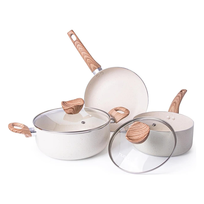 Nuovva 5pcs Cream Granite Kitchen Cookware Set with Lids - Induction Hob Pots Set