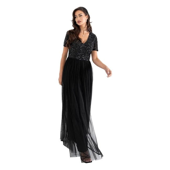 Maya Deluxe Abendkleid mit Pailletten Damen Schwarz Größe 46 V-Ausschnitt
