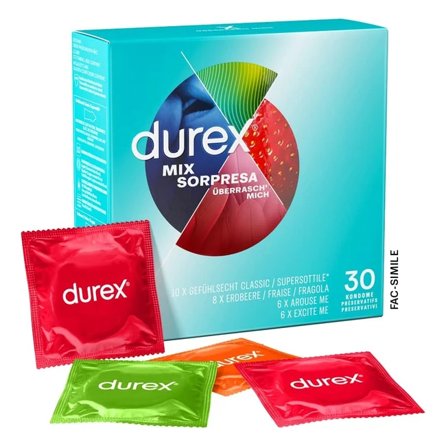 Durex Mix Sorpresa 30 Preservativi Misti - Sensibilità, Fragola, Nervature, Rilievi