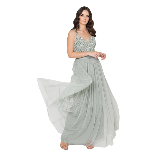 Maya Deluxe Damen Maxi Abendkleid Elegant V-Ausschnitt Tüllkleid Schleife Brautjungfernkleid 40 EU