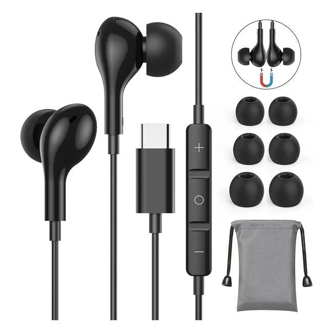 Ecouteur USB C HiFi Stéréo Magnétique avec Micro pour Samsung A54/A53/S24/S23/S22/S21/S20/S20FE, Huawei P40/P30, Xiaomi 13, Google Pixel, OnePlus 9T - Réduction de bruit