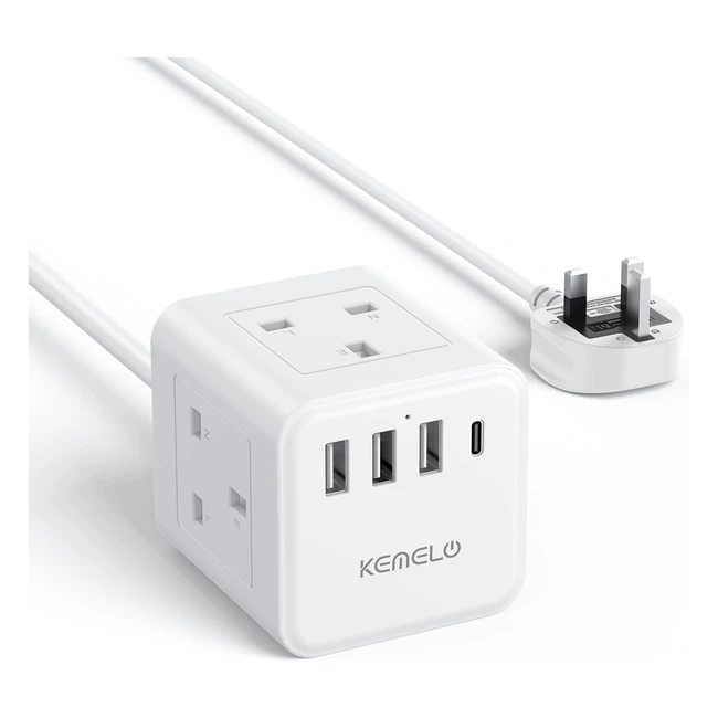 Kemelo 4 Way Cube Extension Lead with 4 USB Slots 13A3250W - Fast Charging Multi Plug