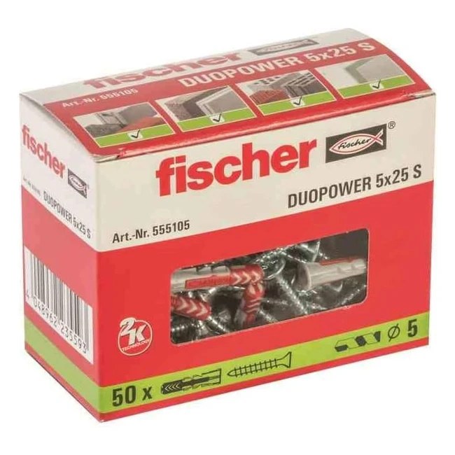 Fischer Duopower 5 x 25 S Universaldübel mit Sicherungsschraube - 2Komponenten-Dübel für Beton, Ziegel, Stein, Gipskarton uvm.