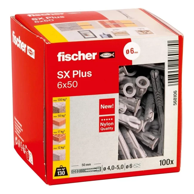 Fischer Dübel SX Plus 6x50 Box 100 Nylondübel für optimalen Halt in Beton Vollziegel Porenbeton Lochziegel