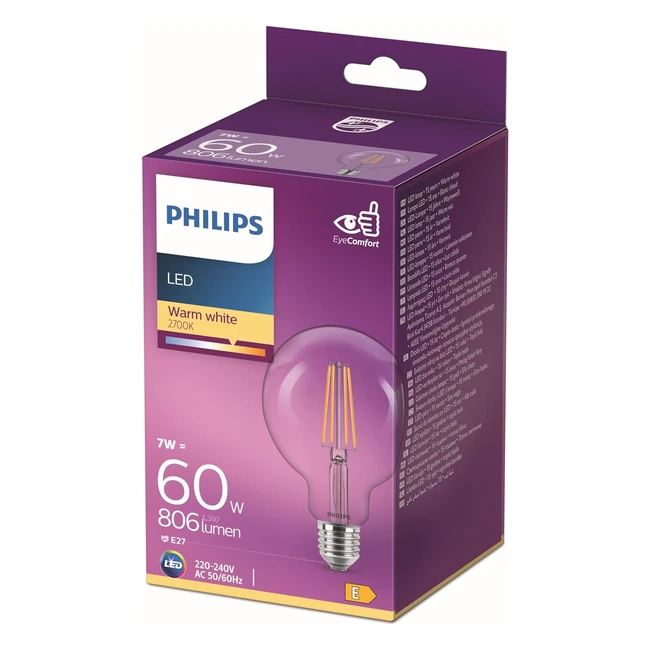 Philips Ampoule LED Globe 93mm E27 60W Blanc Chaud Claire Verre - Éclairage Instantané Longue Durée