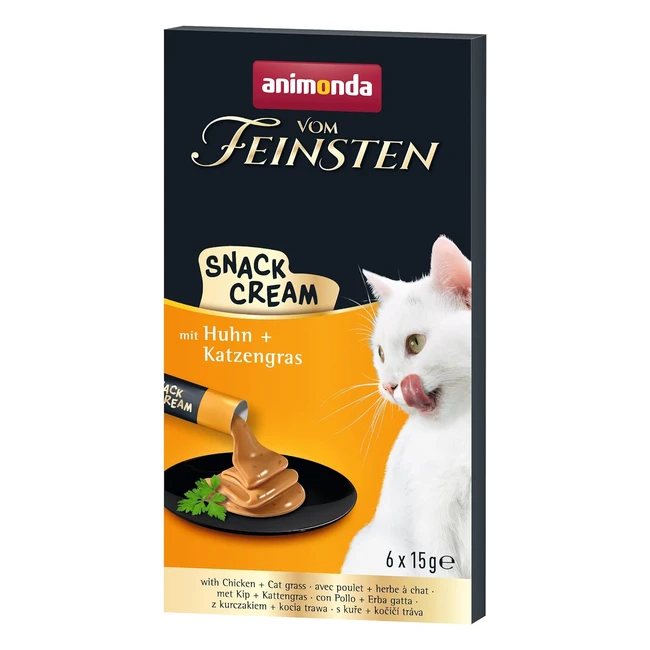 Animonda Vom Feinsten Snack Cream - Leckerer Katzensnack mit zartem Hühnchen und nahrhaftem Katzengras in praktischen Frischebeuteln - 6 x 15 g