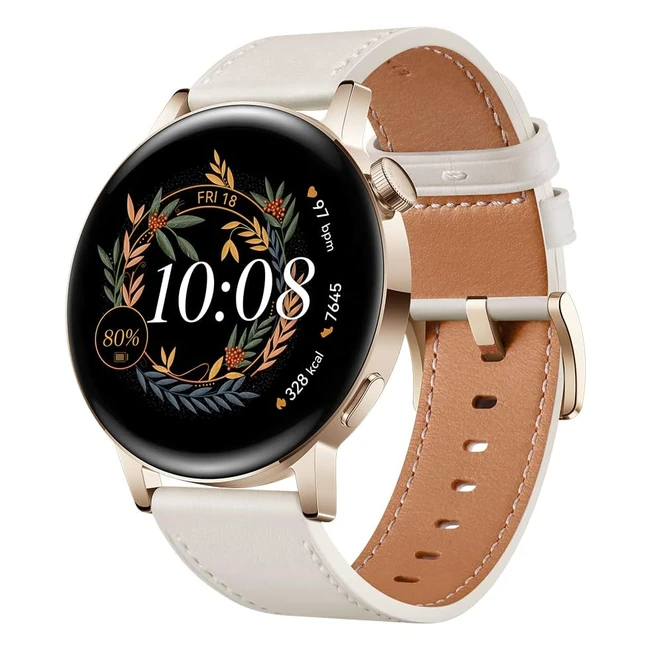 Huawei Watch GT 3 42mm Smartwatch - Monitorización Spo2 - Pantalla Grande - Entrenamiento - Reloj Inteligente - Versión Española - Dorado - Correa de Cuero Blanco