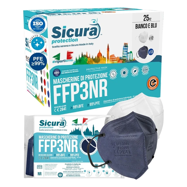 Mascherine FFP3 CE Blu e Bianche - BFE 99 - PFE 99 - Made in Italy - Certificato - Sicura - Sanificata - Sigillata