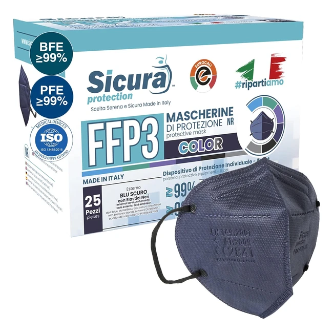 Mascherine FFP3 blu made in Italy - Certificato CE - PFE 99% - BFE 99%