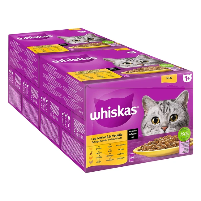 Whiskas 1 Katzenfutter Geflgel Auswahl in Sauce 24x85g 2 Packungen - Hochwertiges Nassfutter fr ausgewachsene Katzen