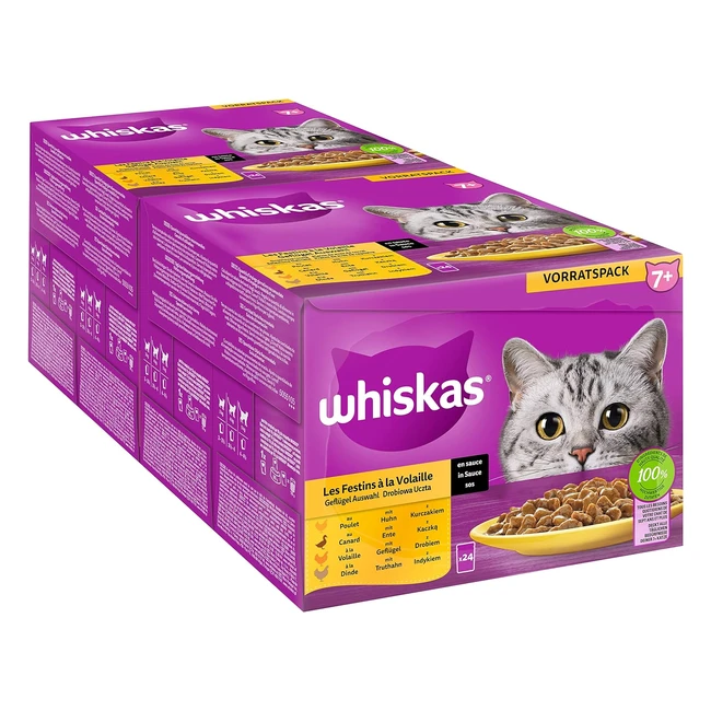 Whiskas 7 Katzenfutter Geflügelauswahl in Sauce 24 x 85 g 2 Packungen - Hochwertiges Nassfutter ab 7 Jahren
