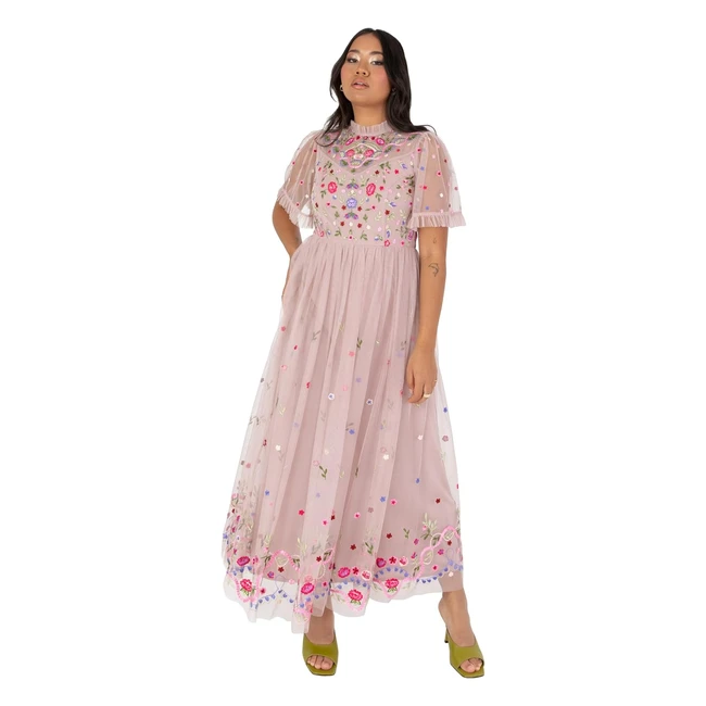 Maya Deluxe Damen Midaxi Kleid Kurzarm Rüschen Hoher Kragen Bestickt A-Linie für Hochzeitsgäste Anlässe Abschlussball Abendkleid