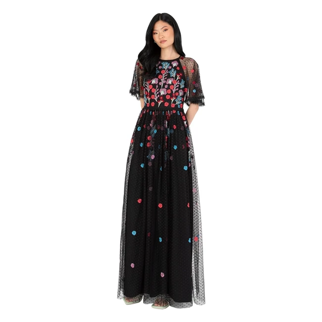 Maya Deluxe Damen Maxi Ballkleid für Hochzeitsgäste Kurzarm Polka Dot Floral Sequin Embellished Prom Kleid
