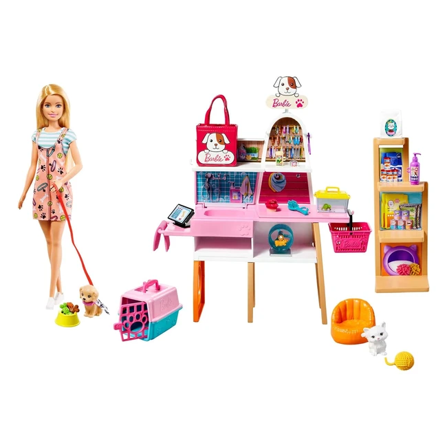 Barbie Tienda de Mascotas Mattel GRG90 - Juego de Accesorios y Animales de Juguete