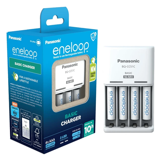 Caricabatterie Panasonic Eneloop Basic per 2 o 4 batterie AAAA NiMH - LED Indicatori e 6 Funzioni Sicurezza