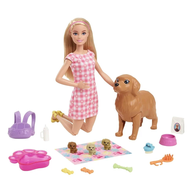 Barbie Perritos Recién Nacidos - Muñeca Rubia con Perrito y Accesorios - Regalo Niñas y Niños 3 Años - Mattel HCK75