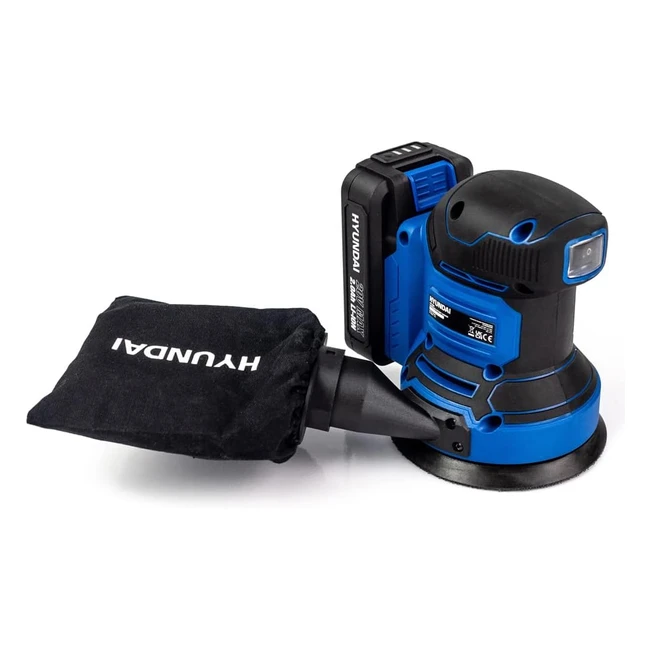 Hyundai 20V Max Cordless Rotary Sander - 2Ah Lithium-Ion Battery - Brushed - 12x 125mm Sanding Pads - Dust Collector Bag