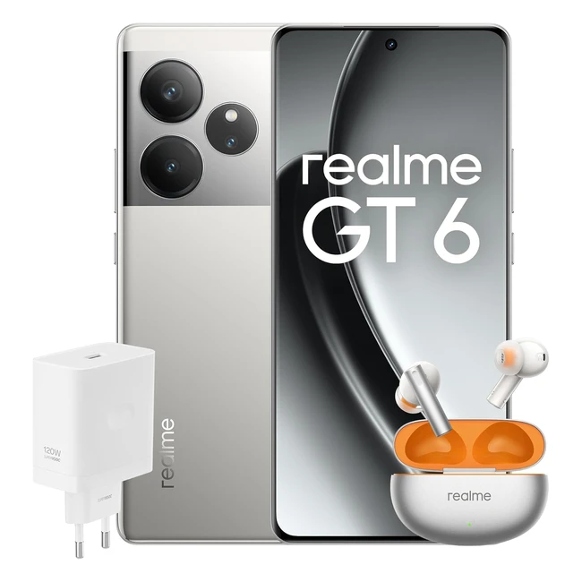 Realme Smartphone GT6 512GB 16GB - Fluid Silver EU - Buds Air 6 - Flame Silver EU - SuperVOOC 120W Power Adapter White