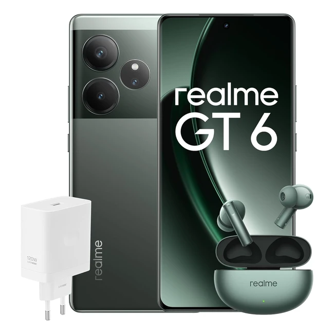 Realme Smartphone GT6 512GB 16GB Razor Green EU + Buds Air 6 Forest Green EU + SuperVOOC 120W Power Adapter White