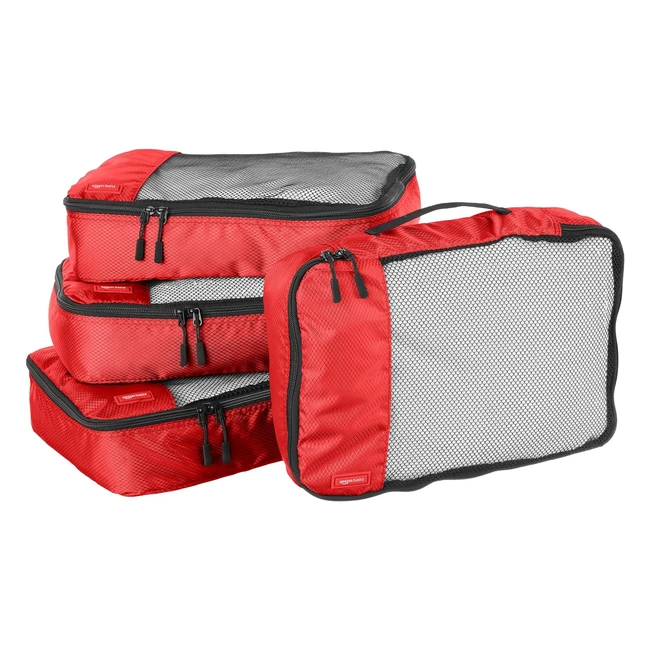 Amazon Basics Packing Cubes 4-Piece Set Medium Red  Double Zipper Mesh Top Pan