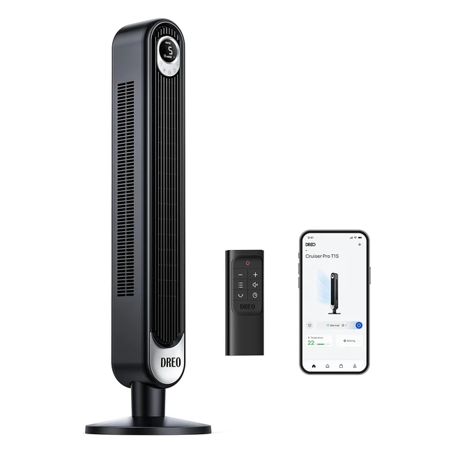 Dreo 28 dB Silent Smart Tower Fan 40 Inch 4 Modes 6 Speeds - Max 73ms Velocity - 12H Timer - 90° Oscillating Bladeless Floor Cooling Fan - Remote Voice Control - Cruiser Pro T1S Black