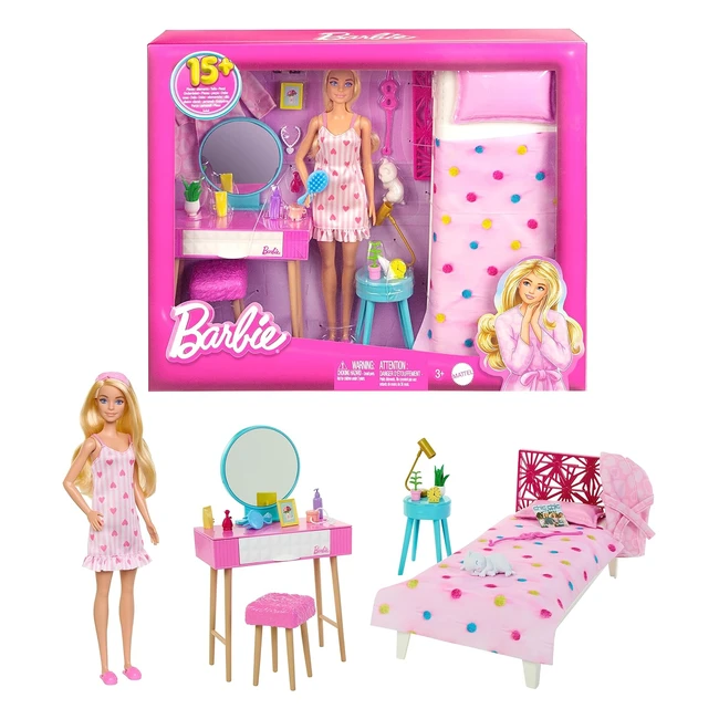 Barbie Set Camera da Letto HPT55 - Bambola Pigiama Rosa Specchiera Comodino 20 Accessori
