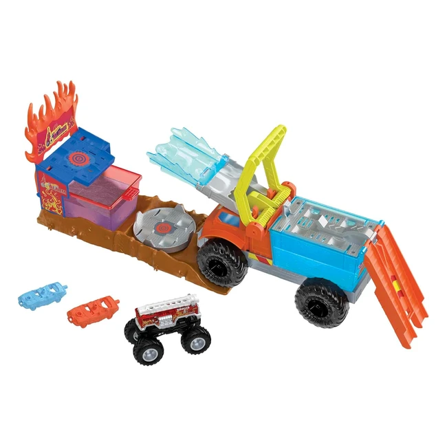 Hot Wheels Coffret Monster Trucks Arena Smashers Color Shifters Véhicule 5 Alarm avec 2 Voitures à Écraser et 1 Semi-remorque Détachable Jouet Enfant