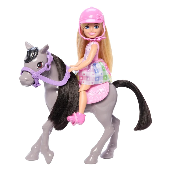 Barbie Chelsea et son poney - Coffret avec bombe et selle - Poupée articulée - Monter facilement - HTK29